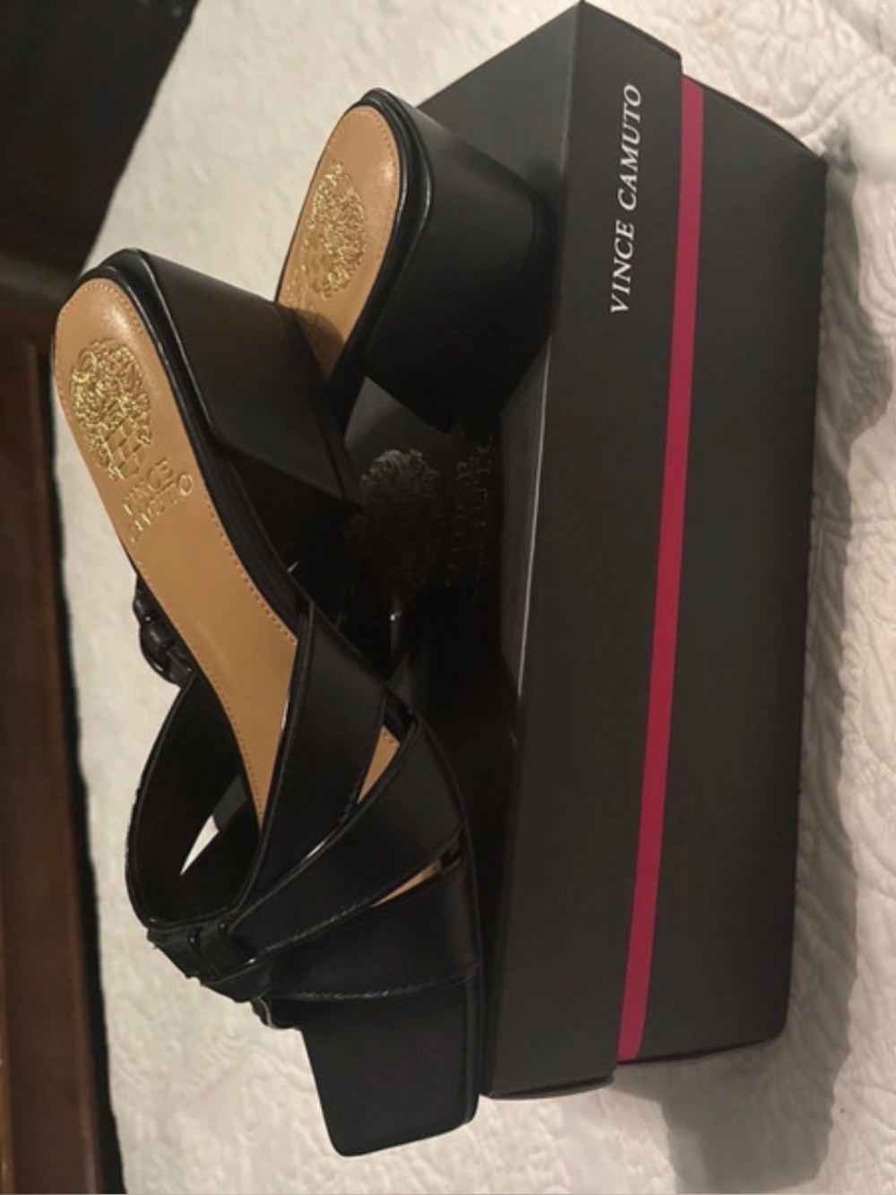 Vince Camuto Black Leather Crisscross Block Heel Mules